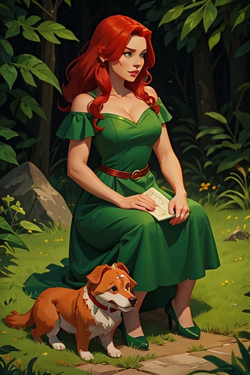 Emerald Enchantress's Canine Companion: A Series of Illustrations Featuring a Charming Red-Haired Woman in a Green Dress and Her Loyal Dog