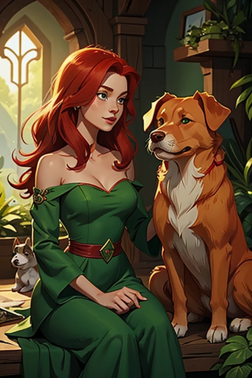 Emerald Enchantress's Canine Companion: A Series of Illustrations Featuring a Charming Red-Haired Woman in a Green Dress and Her Loyal Dog