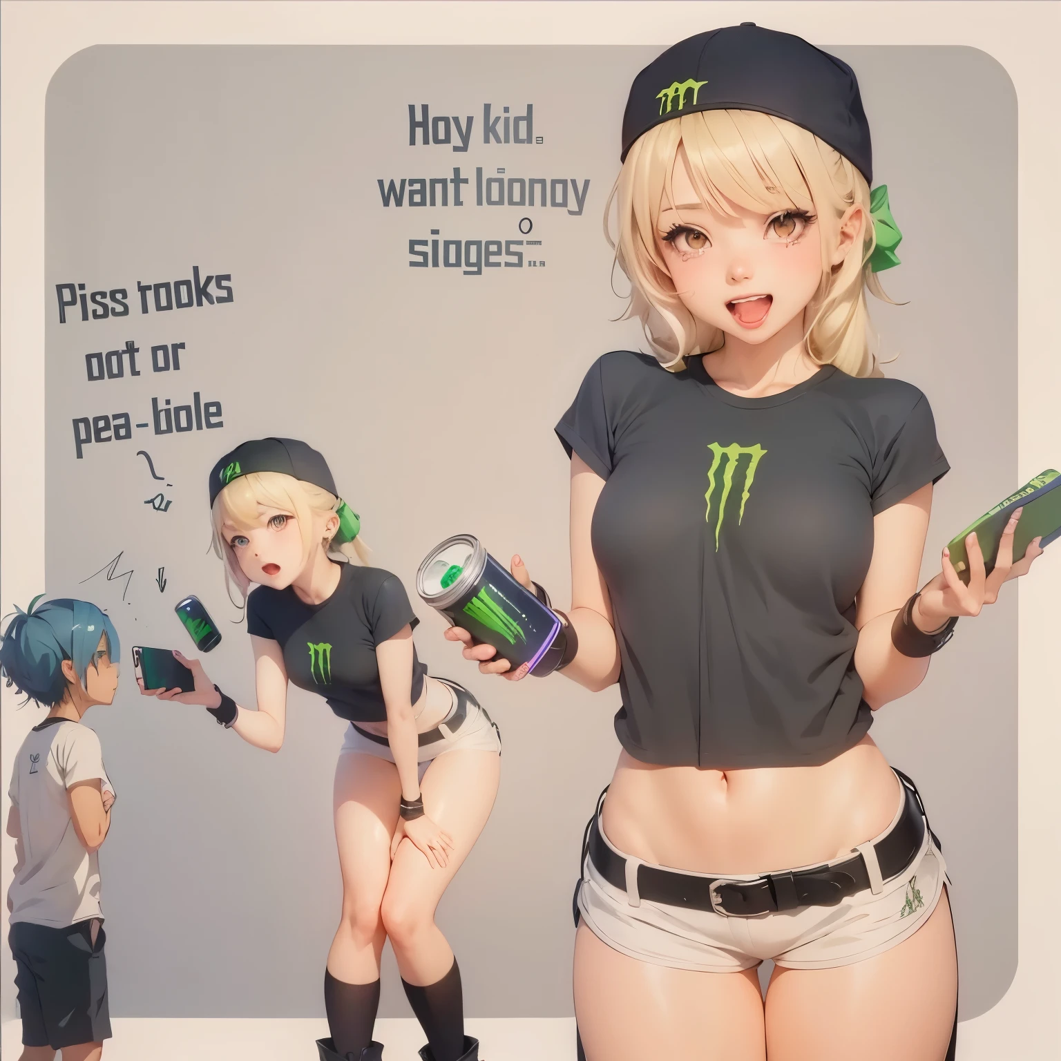 anime girl with monster energy drink and man with cell phone, girl drinking monster energy, anime girl drinking energy drink, monster girl, at Pixiv, popular on Pixiv, top rated on Pixiv, high quality fan art, monster girl anime, ecchi style, trending on Pixiv, Pixiv, Pixiv style, Pinterest anime, in anime style