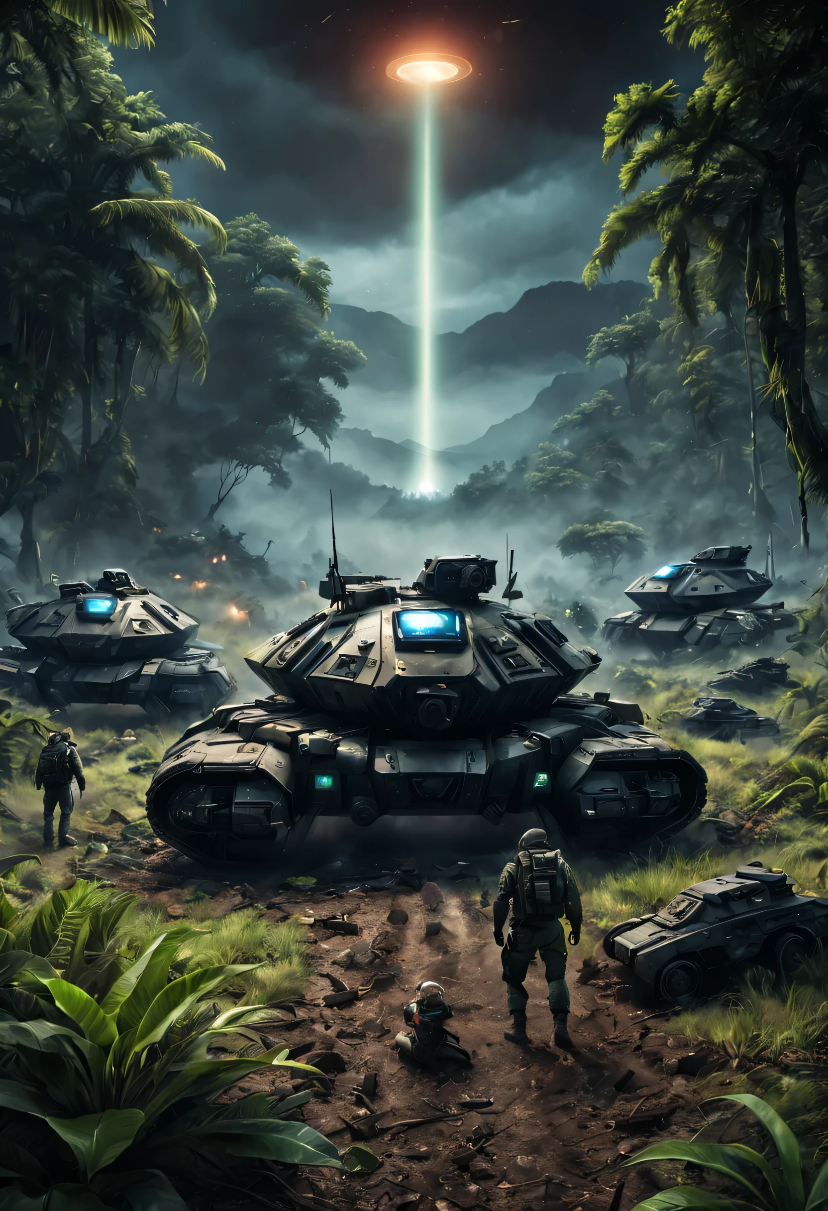 hacer_..3DA scene of Black Armed Tanks Mechs and army men with hi tech future weaponary, reunidos en la noche rodeando un ((1 alien UFO that crashed into the ground)). in a field area within a tree jungle at night, y una capa de niebla, Symmetrical, ,more detail XL,hacer_..3D