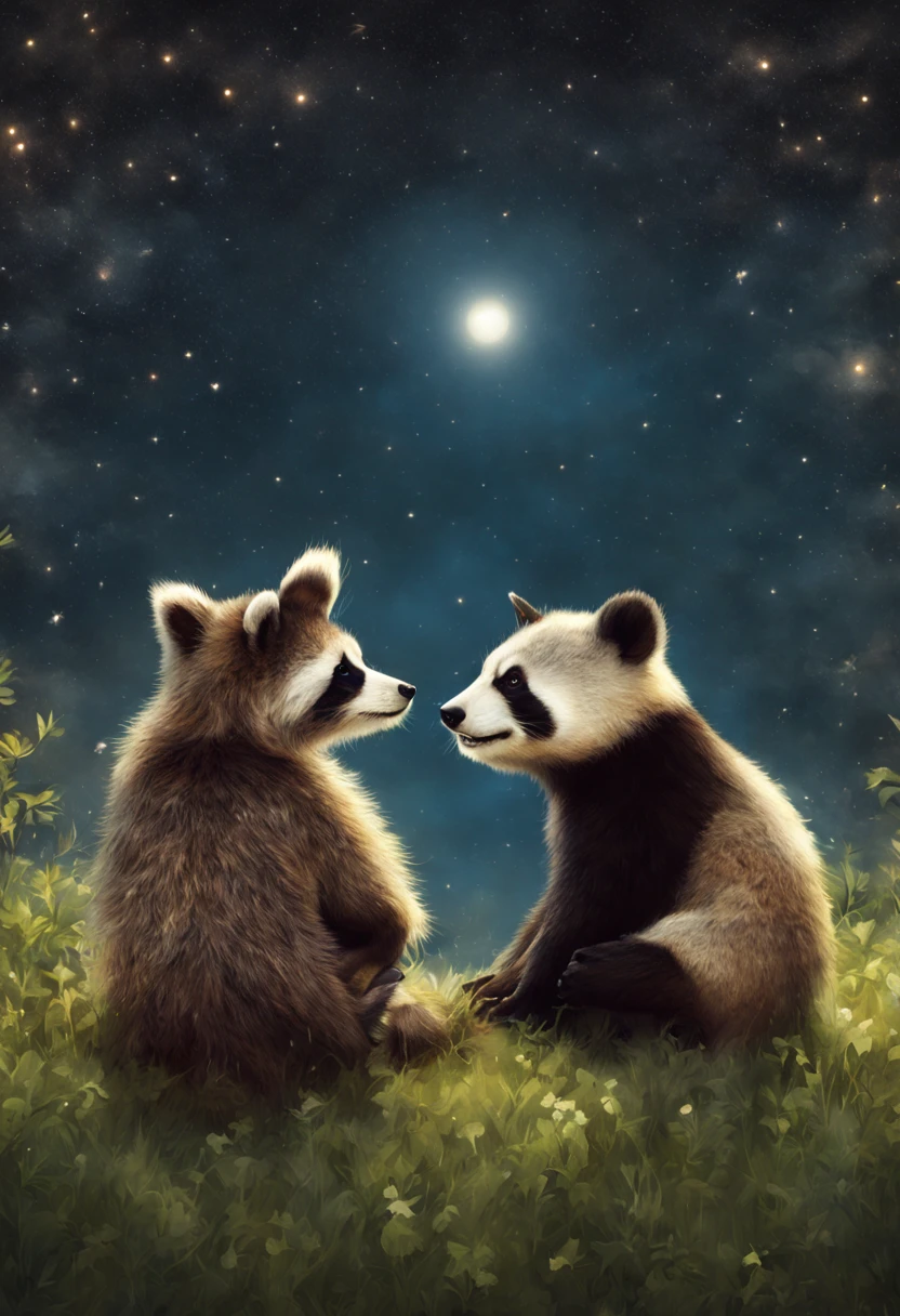 raccoon and panda chilling in meadow in moonlight staring in the stars