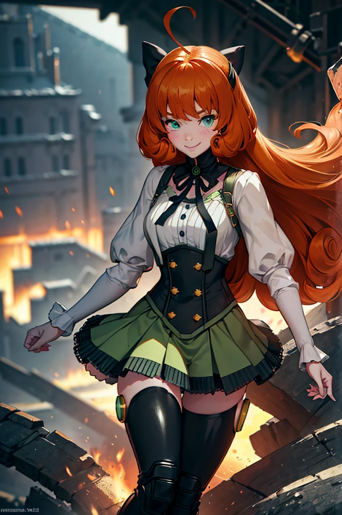 pennymk2, detailed face, beautiful, blur, depth of field, green eyes, freckles, black bow, (power symbol:1.2), black ribbon, black thighhighs, mechanical legs, smile, long hair, juliet sleeves, white blouse, suspender skirt, corset, buttons, orange hair, 8k wallpaper, octane render, cinematic lighting, best quality, highres, absurdres, sharp focus, (8k), (4k), (Best Quality), fantasy, extremely detailed, intricate, hyper detailed, (perfect face), illustration, soft lighting, (specular lighting:1.4), smile, full body, no background