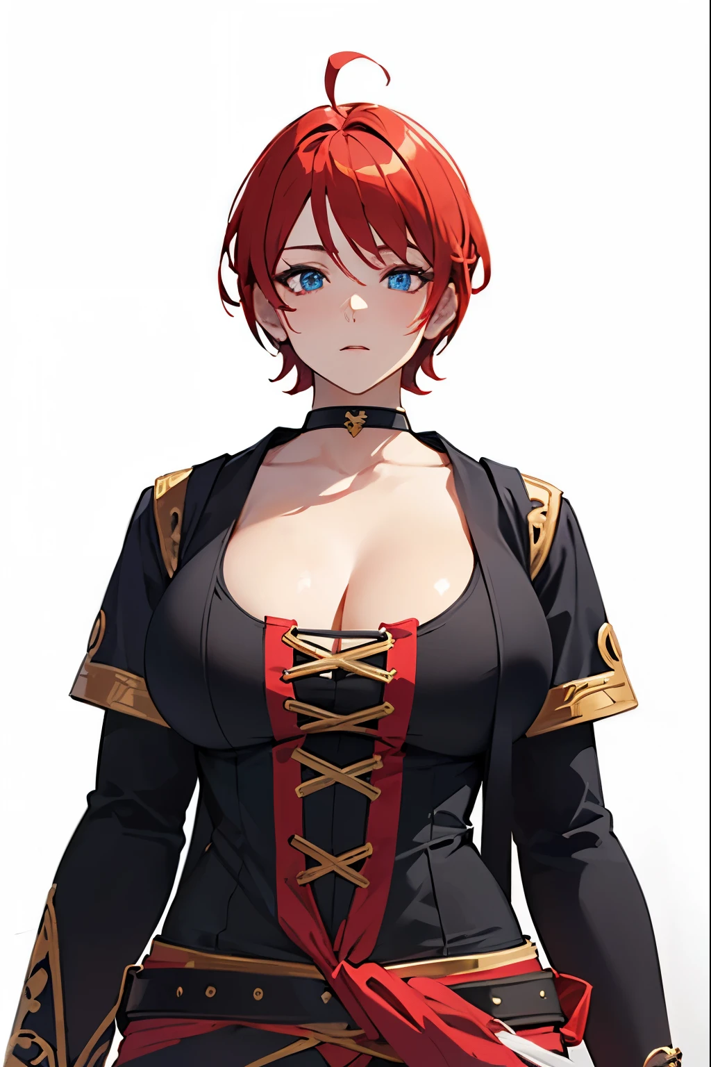 8k, hd, (masterpiece:1.2, best quality), (finely detailed beautiful eyes: 1.2), (detailed background,dark fantasy), (beautiful detailed face), high contrast, (best illumination, an extremely delicate and beautiful), white background, ((cinematic light)), (((sharp focus))), colorful, hyper detail, dramatic light, intricate details, (anime style), digital art, character sheet, 1girl, beautiful girl, anime girl,
Fantasy world, human girl, white skin, blue eyes , red hair, medium breast, busty body, athletic body, buff body, (pixie hair), ((short hair)), (shortest hair), tomboy girl,
wearing ((black tight clothes)), with red accent color, red sash belt,