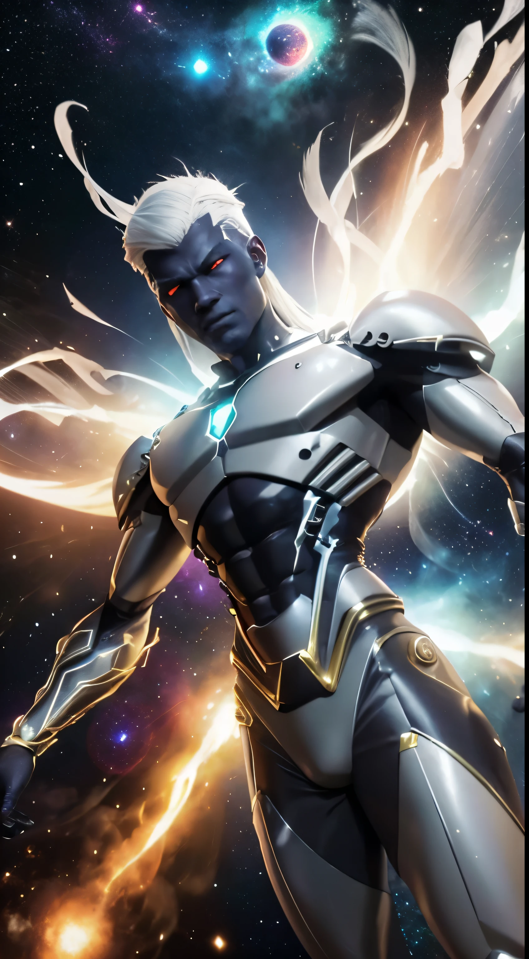 (melhor qualidade,4k,alto:1.2),ultra-detalhado,(Realistic:1.37) a white-haired megatrix man wearing a white suit with gold details and several galaxies running across his body,illustration,retrato,etherial lighting,foco nítido,vivid colors,Estilo de arte tradicional,ambiente calmo,Fundo