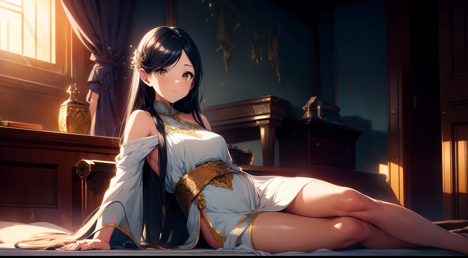 an alone mature girl with long blue and yellow eyes sitting on the bed and spread leg , night, High detail mature face, tie hair on the left side, golden eyes, bare leg, bare shoulder, white noble priest dress, high res, ultra sharp, 8k, masterpiece, smiling, fantasy world, magical radiance background ((Best quality)), ((masterpiece)), 3D, HDR (High Dynamic Range),Ray Tracing, NVIDIA RTX, Super-Resolution, Unreal 5,Subsurface scattering, PBR Texturing, Post-processing, Anisotropic Filtering, Depth-of-field, Maximum clarity and sharpness, Multi-layered textures, Albedo and Specular maps, Surface shading, Accurate simulation of light-material interaction, Perfect proportions, Octane Render, Two-tone lighting, Wide aperture, Low ISO, White balance, Rule of thirds,8K RAW, Aura, masterpiece, best quality, Mysterious expression, magical effects like sparkles or energy, flowing robes or enchanting attire, mechanic creatures or mystical background, rim lighting, side lighting, cinematic light, ultra high res, 8k uhd, film grain, best shadow, delicate, RAW, light particles, detailed skin texture, detailed cloth texture, beautiful face, 
(masterpiece), best quality, expressive eyes, perfect face,