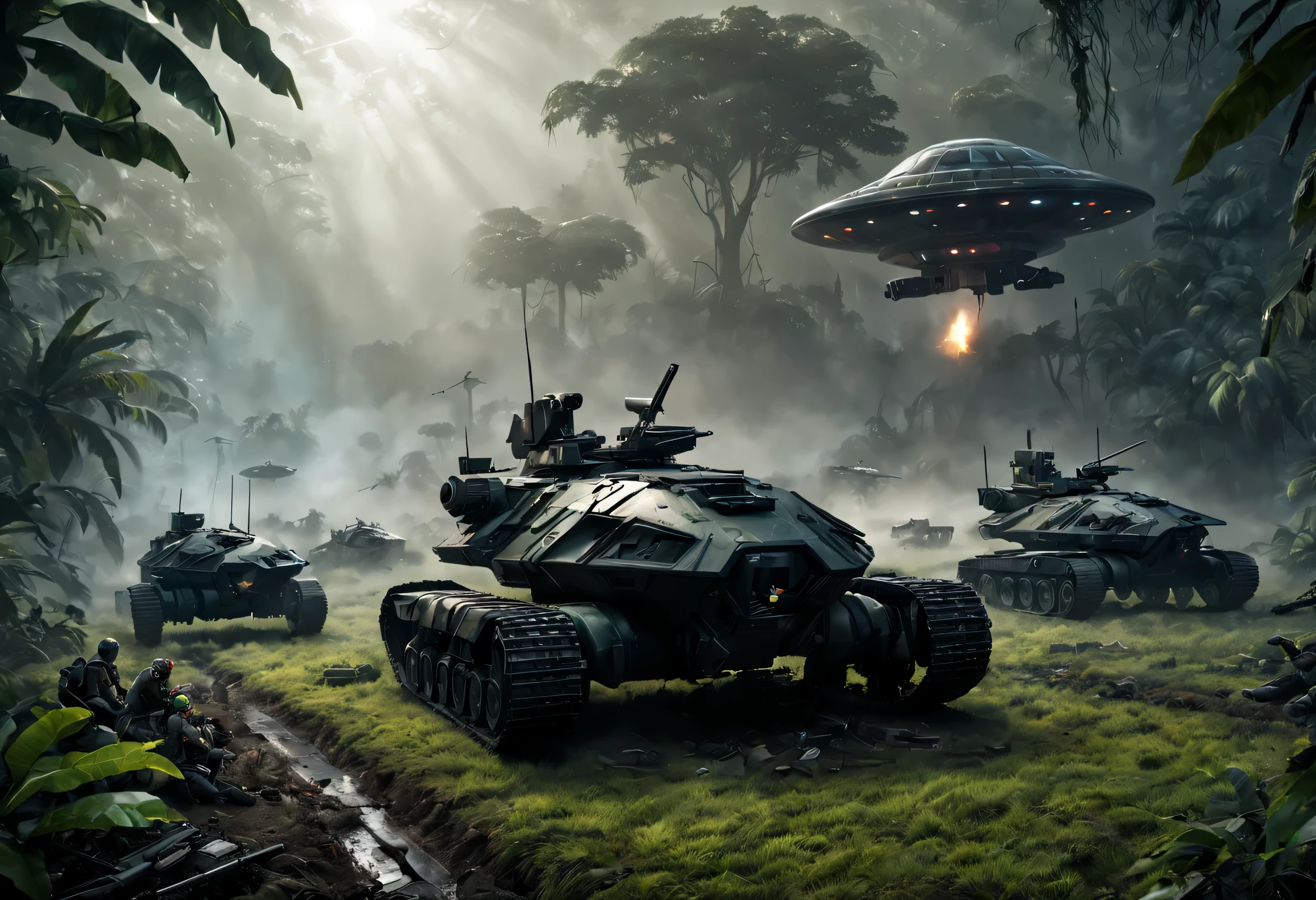 A Mechs scene of black armed tanks and army men with high tech future weaponry., reunidos en la noche rodeando un ((1 alien UFO that crashed into the ground)). in a field area within a tree jungle at night, y una capa de niebla, Symmetrical, ,more detail XL,hacer_..3D