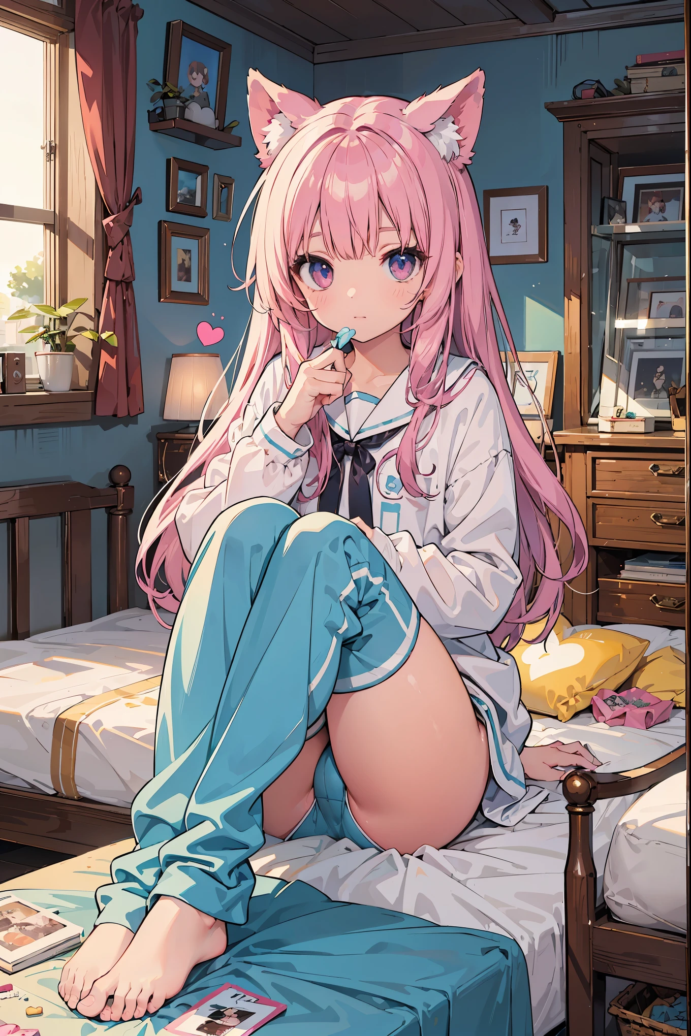 (Masterpiece, top quality, absolute resolution, real stick, realistic materials and textures, perfect anatomy),
BREAK
Subject: Photo girl
Subtitle: Junior high school girls, thighs, small, cute, Kigurumi pajamas
BREAK
pink kawaii room , pink gothic room, messy room, Marchen, macarons, Candy, heart item, ribbon,star item, small window, (Miscellaneous goods are placed in a mess:1.3),dresser, antimacassar ,