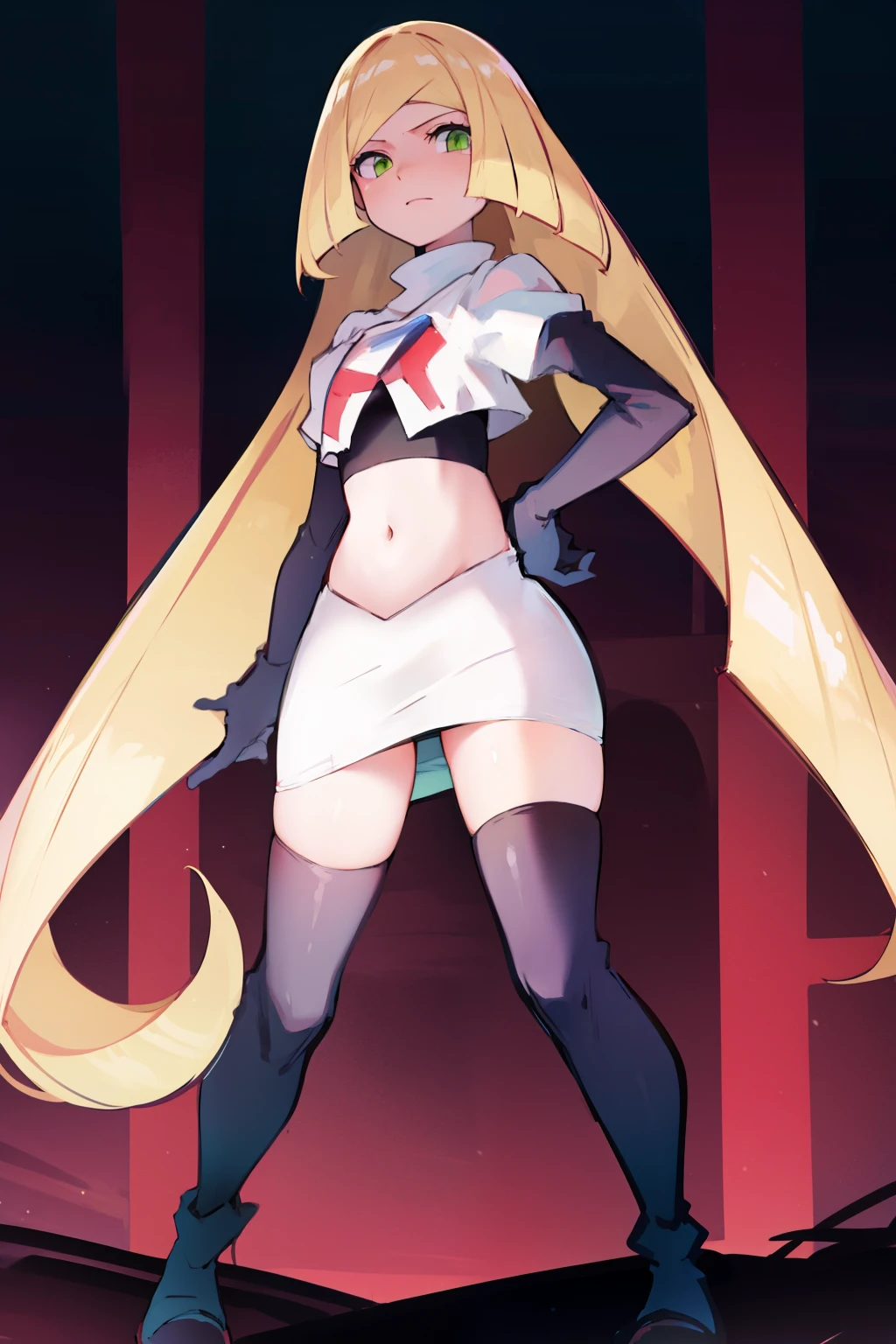 pokemonlusamine,green eyes,blonde hair,team rocket,team rocket uniform,white skirt,crop top,red letter R,black thigh-high boots,black elbow gloves,