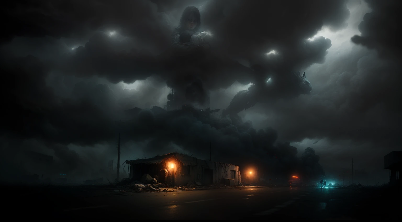 dark scene, dark lighting, terror, a post-apocalyptic street, super detailed image, a girl with her relative lying in her arms, sad look, detailed body, sad scene, dark clouds of pollution, background mutant creatures attacking other people, blood by the scenery, professional photography, realistic