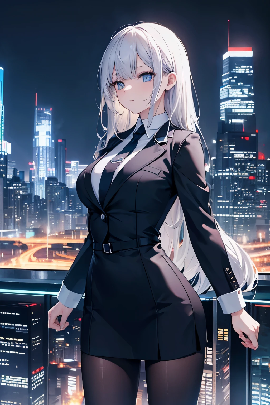 Beautiful nice collage woman exuding confidence, dressed in sleek professional attire, standing tall against a futuristic city skyline with glass skyscrapers reflecting sunlight, an atmosphere of ambition and modernity accentuating her strength and determination, Photography, high-resolution DSLR with a telephoto lens (85mm), capturing sharp details against the urban backdrop, --ar 16:9 --v 5