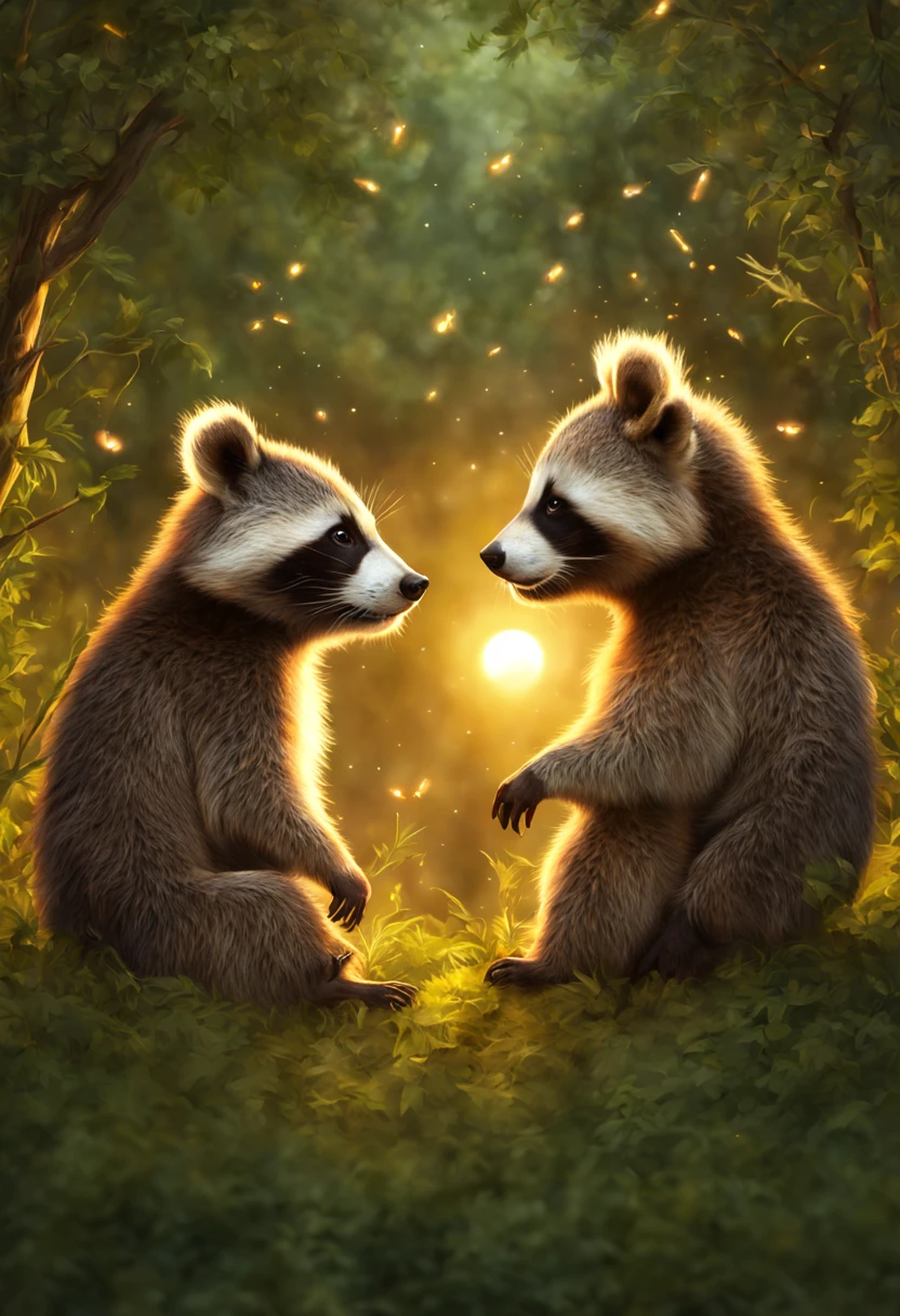 A romantic scene between a male raccoon and a female panda, with the sun setting behind them and the soft glow of fireflies surrounding them.