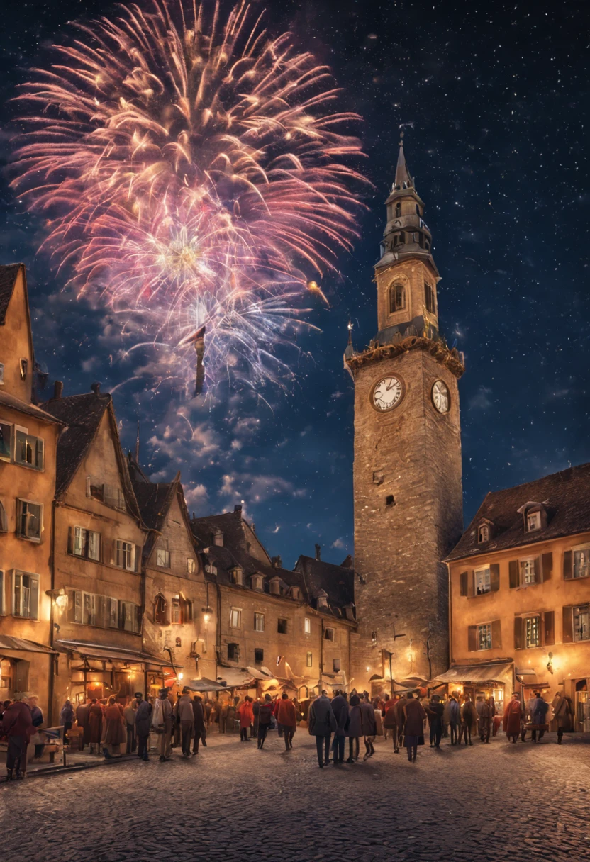 New Year's Eve celebration in a quaint European village square, fireworks bursting in starry sky, cobblestone streets, revelers in festive attire, ancient clock tower striking midnight, (warm glowing lights:1.2) (vibrant colors) (high detail) (photorealistic) (wide angle)