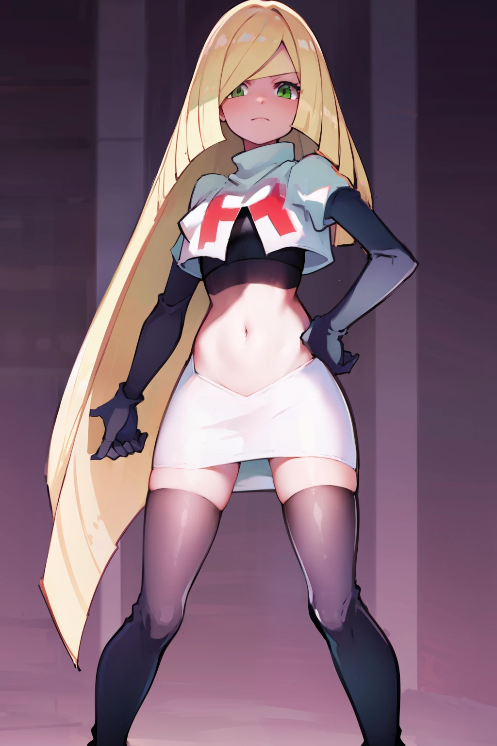 pokemonlusamine,green eyes,blonde hair,team rocket,team rocket uniform,white skirt,crop top,red letter R,black thigh-high boots,black elbow gloves,