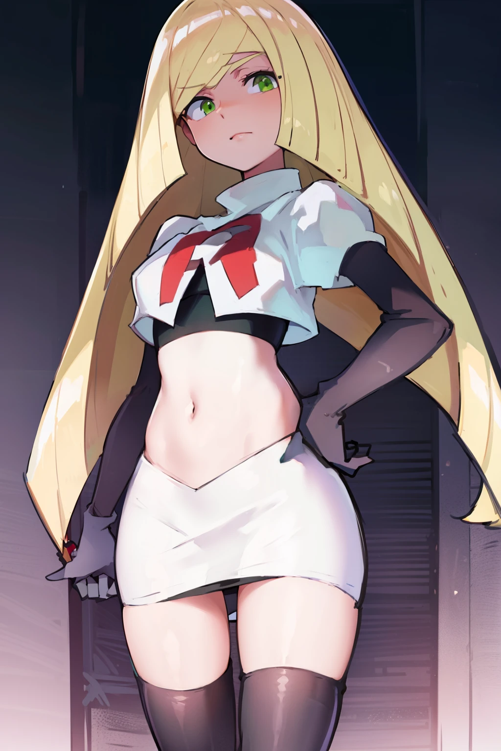 pokemonlusamine,green eyes,blonde hair,team rocket,team rocket uniform,white skirt,crop top,red letter R,black thigh-high boots,black elbow gloves,