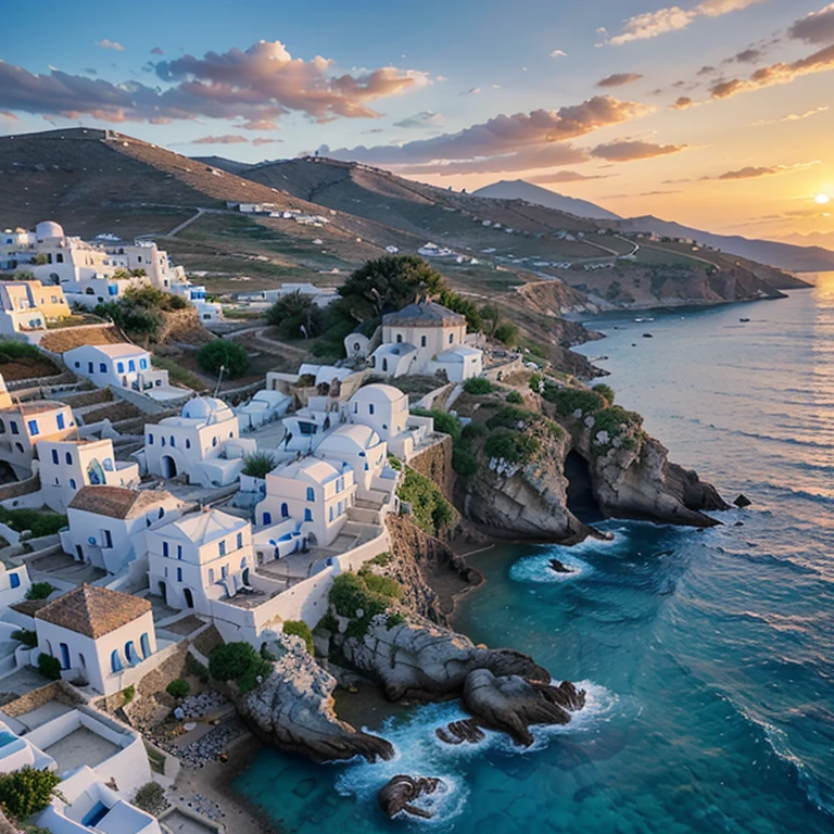 create an image of a village with white houses with blue windows, on the island of Mykonos, on a cliff, overlooking a beautiful intense blue sea, with waves hitting the rocks, in a beautiful sunrise, with the sun rising between mountains , ultrarealistic, multi-detailed, intricate, vibrant colors, lights, cinematic, 4D, 8k