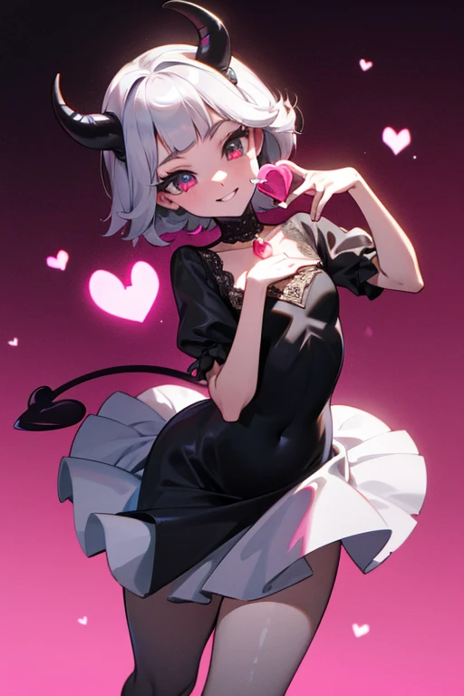 (Masterpiece: 1.5, Best quality, High resolution: 1.3, Super resolution, Super detailed, Ultra detailed: 1.3, Rich background: 1.2, 1 girl)) pale skin + short black bob hair + pink heart eyes + long eyelashes + two hearts on cheeks + soft thighs + big chest + long legs + curvy body (dress, lace, ribbons, high shoes, pearl necklace, gothic ****ta clothing style) ((mischievous smile, pose holding a heart, small horns of succubus and heart tail) (colors used: white, red, pink, black, silver)