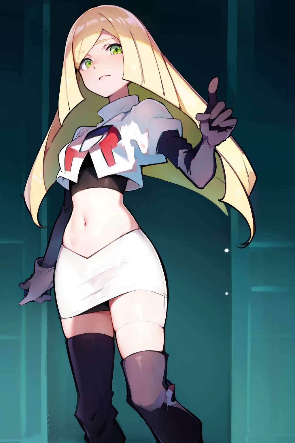 pokemonlusamine,green eyes,blonde hair,team rocket,team rocket uniform,white skirt,crop top,red letter R,black thigh-high boots,black elbow gloves,