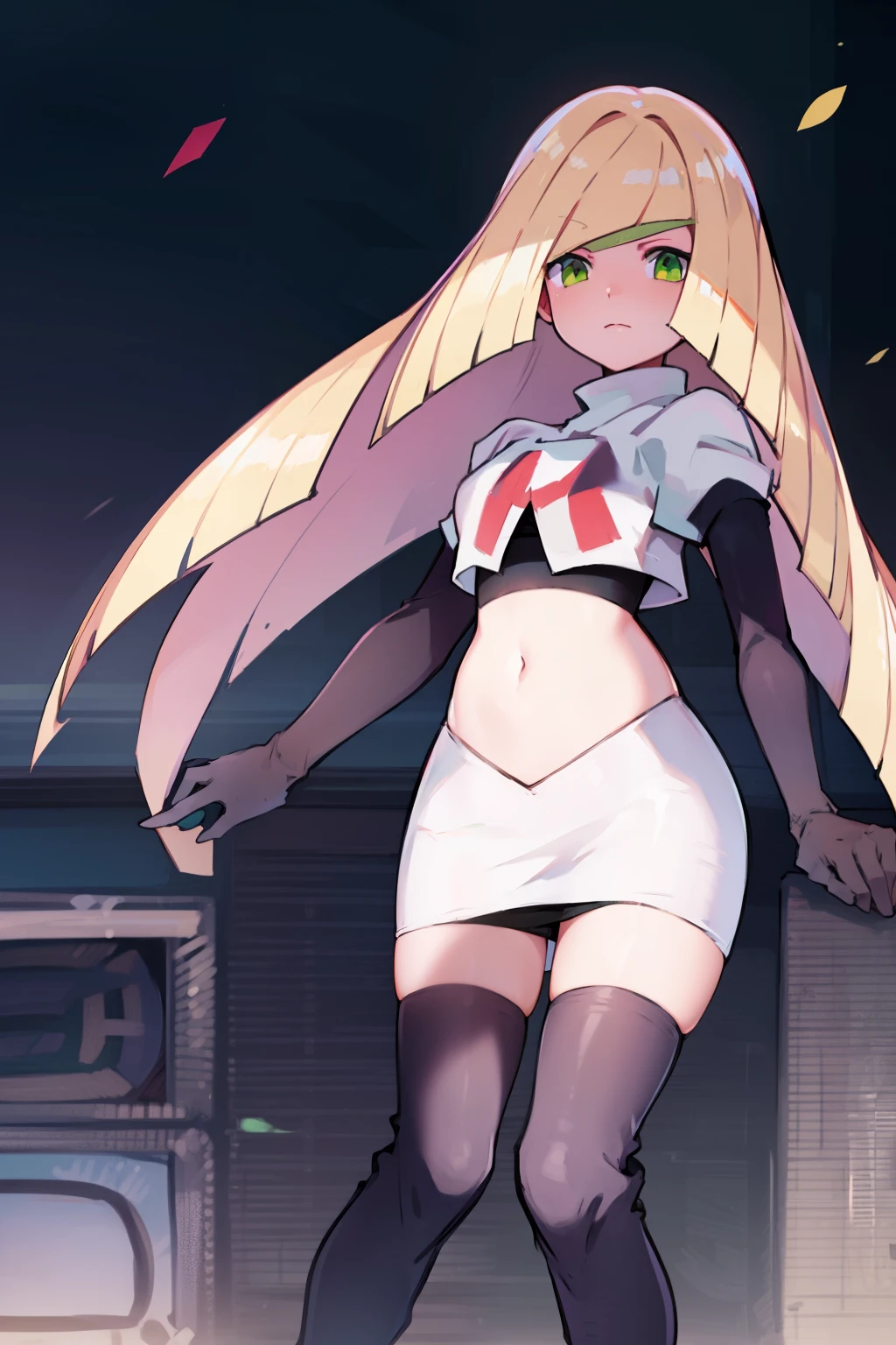 pokemonlusamine,green eyes,blonde hair,team rocket,team rocket uniform,white skirt,crop top,red letter R,black thigh-high boots,black elbow gloves,