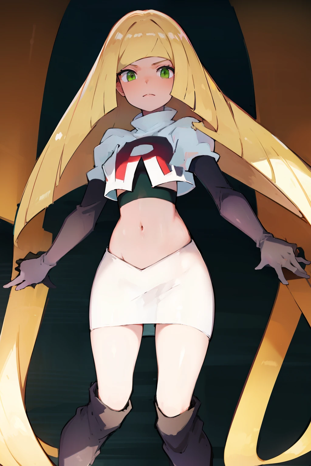 pokemonlusamine,green eyes,blonde hair,team rocket,team rocket uniform,white skirt,crop top,red letter R,black thigh-high boots,black elbow gloves,