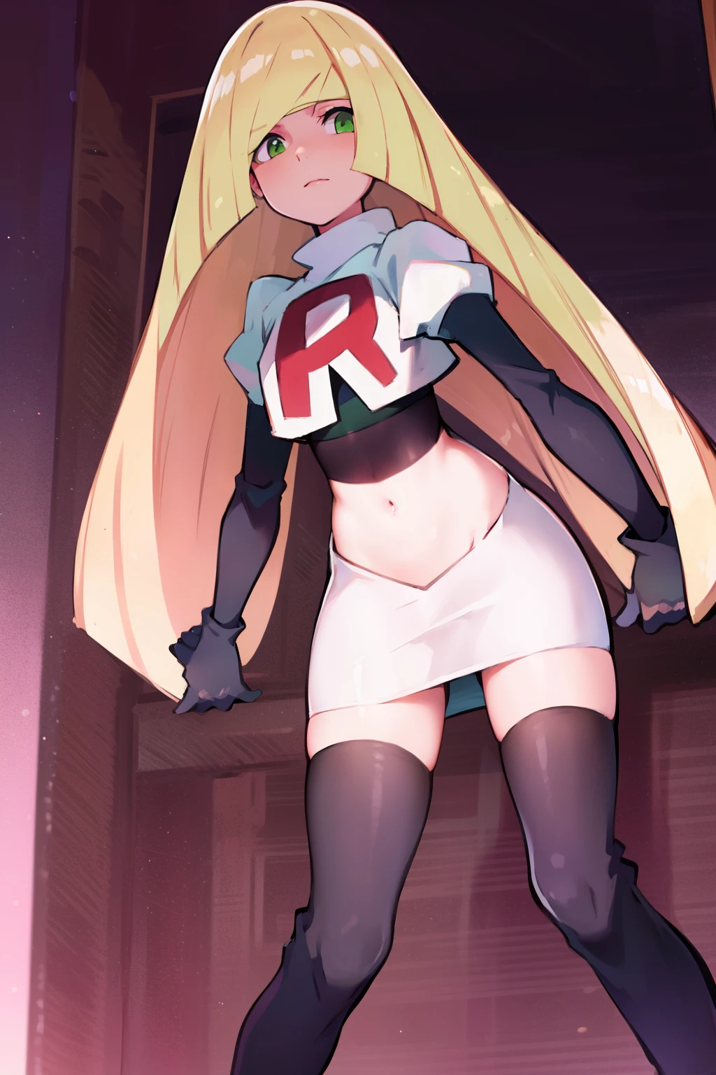 pokemonlusamine,green eyes,blonde hair,team rocket,team rocket uniform,white skirt,crop top,red letter R,black thigh-high boots,black elbow gloves,