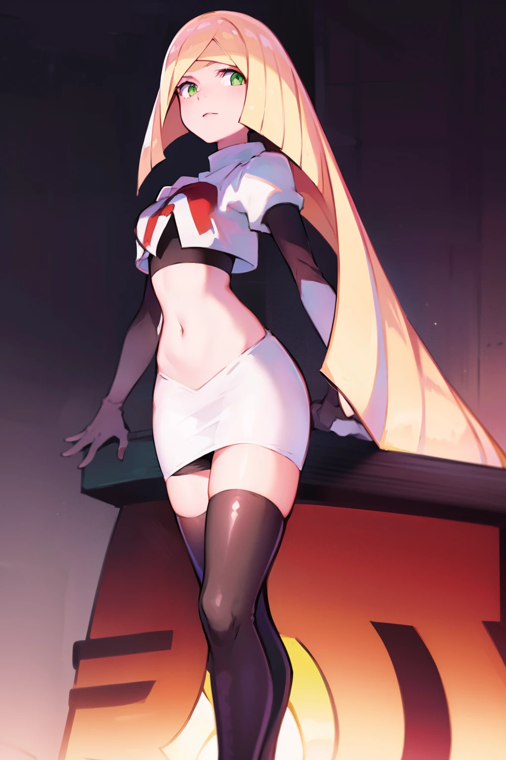 pokemonlusamine,green eyes,blonde hair,team rocket,team rocket uniform,white skirt,crop top,red letter R,black thigh-high boots,black elbow gloves,
