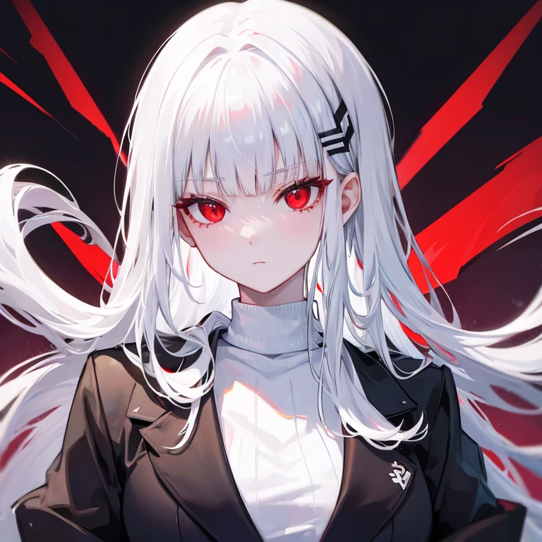 head focus, red eyes, hair ornament, (white hair), sweater, suit,