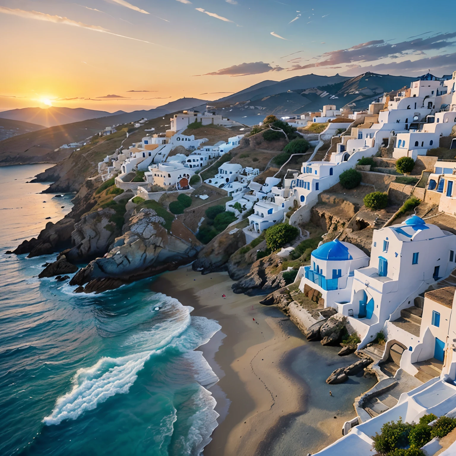 create an image of a village with white houses with blue windows, on the island of Mykonos, on a cliff, overlooking a beautiful intense blue sea, with waves hitting the rocks, in a beautiful sunrise, with the sun rising between mountains , ultrarealistic, multi-detailed, intricate, vibrant colors, lights, cinematic, 4D, 8k