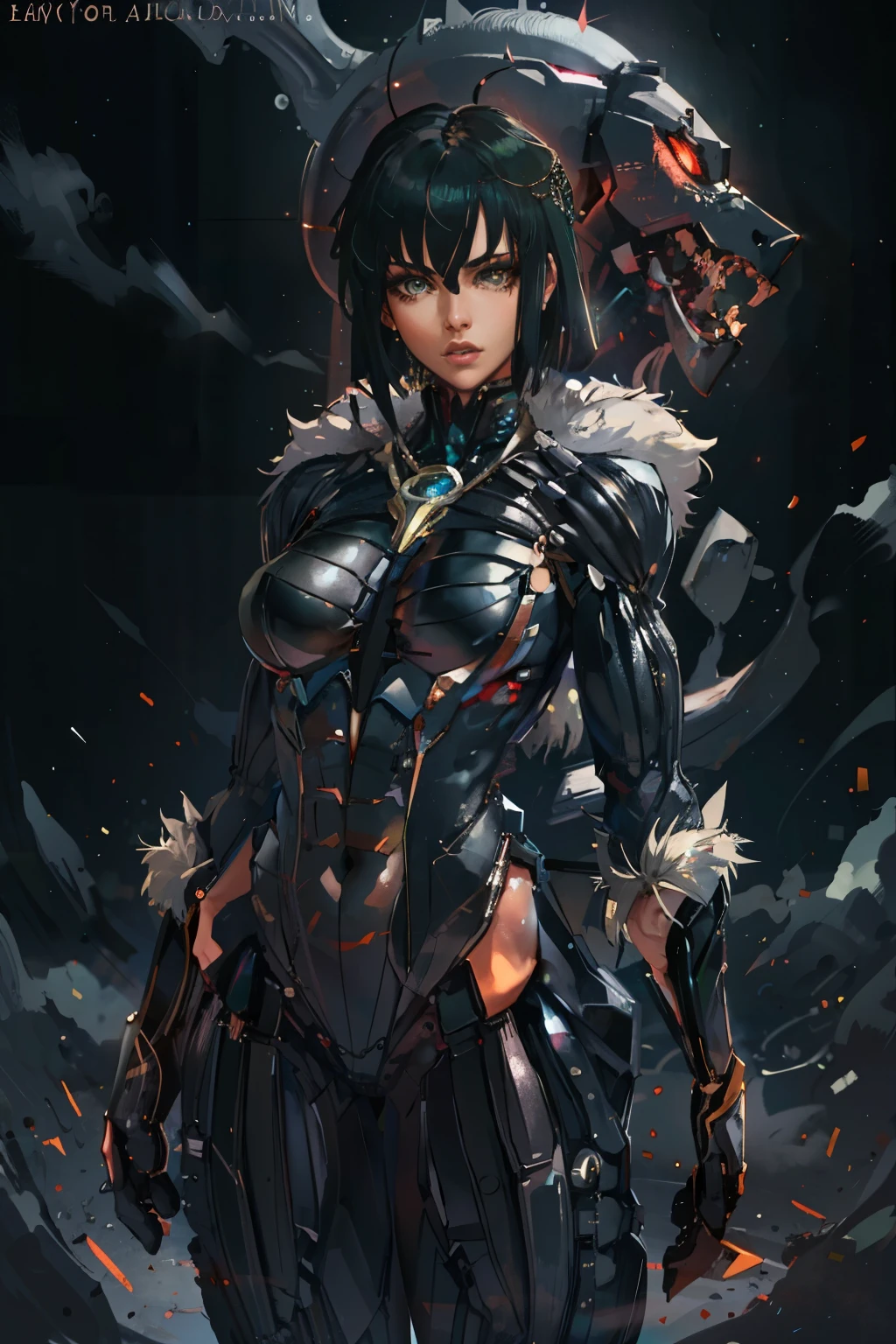 (masterpiece:2.2, best quality:4.0, beautiful, high quality, highres:4.1, aesthetic), detailed, extremely detailed, ambient soft lighting, 4K, perfect eyes, perfect face, perfect lighting, 1girl, bangs, black dress, black hair, breasts, covered navel, dress, fubuki \(one-punch man\), fur coat, green eyes, jewelry, large breasts, lips, looking at viewer, necklace, pearl necklace, short hair, background, solo, sweater, thighs, turtleneck, turtleneck dress. Fubuki One Punch Man usando um vestido preto e uma faixa em seus olhos