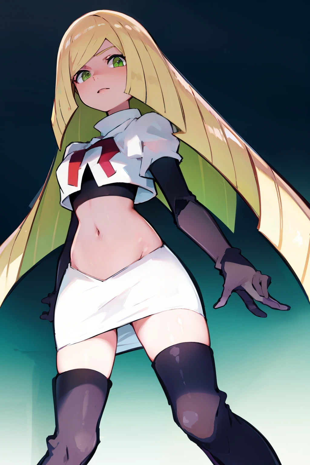 pokemonlusamine,green eyes,blonde hair,team rocket,team rocket uniform,white skirt,crop top,red letter R,black thigh-high boots,black elbow gloves,