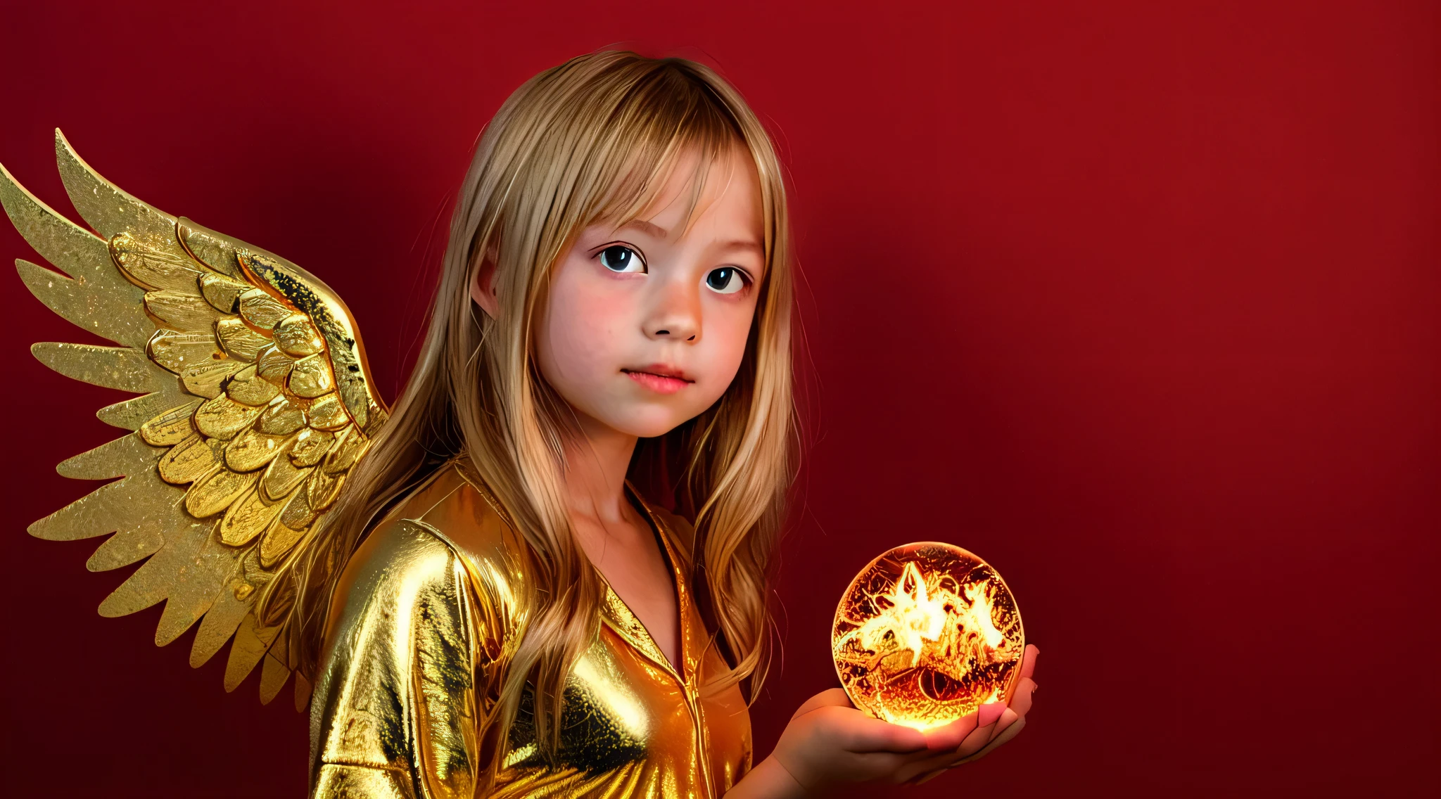 BLONDE KIDS GOLDEN ANGEL GIRL with a flaming crystal ball in her hand. fundo vermelho