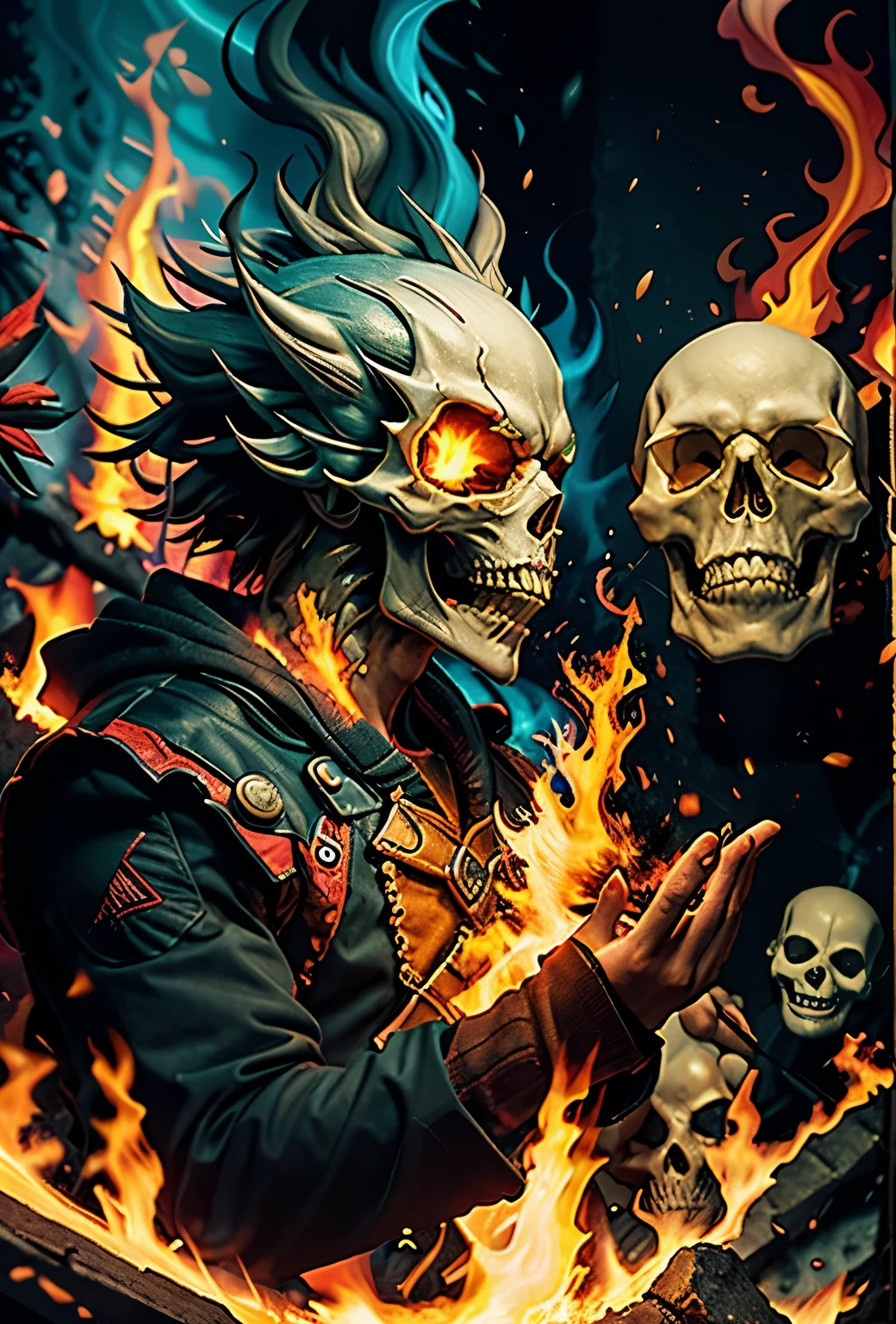 a close up of a skull with flames on it's face, flaming skull, fiery skull contemplating life, skull design for a rock band, flame, flaming grim reaper, heavy metal art style, ghost rider, heavy metal tshirt design, skull like, flames in the background, profile pic, phone wallpaper