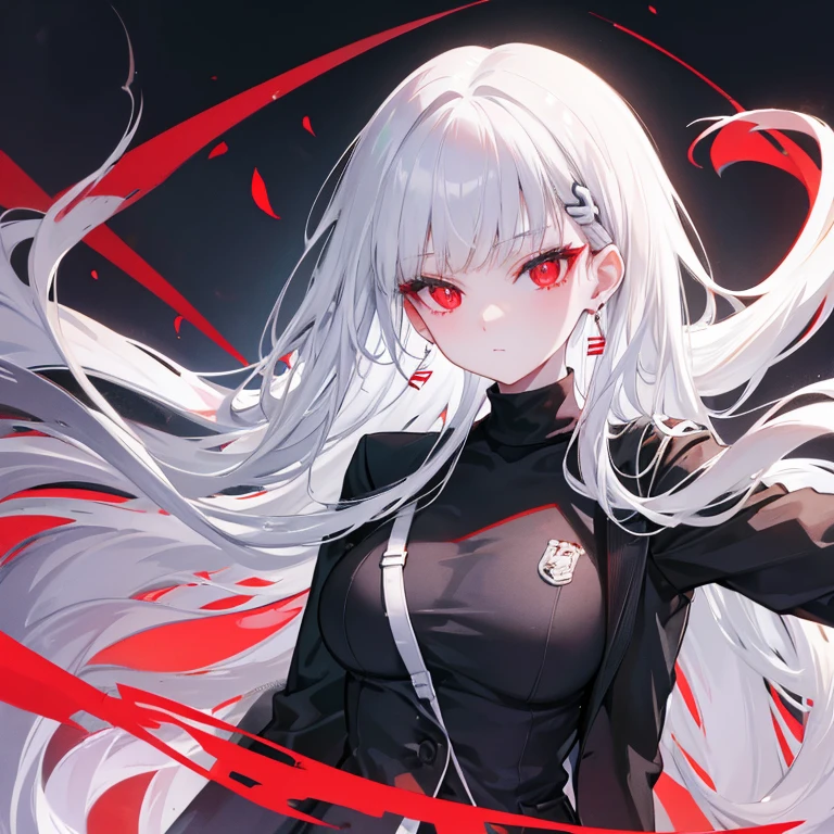 head focus, red eyes, (white hair), sweater, suit,side_braid long wavy hair,lue earrings, forehead shown, no bang hair, black shirt turtle neck, long white jacket