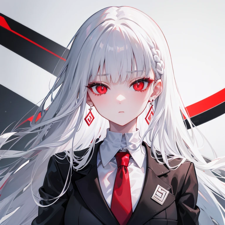 head focus, red eyes, (white hair), sweater, suit,side_braid long wavy hair,lue earrings, forehead shown, no bang hair, black shirt turtle neck, long white jacket