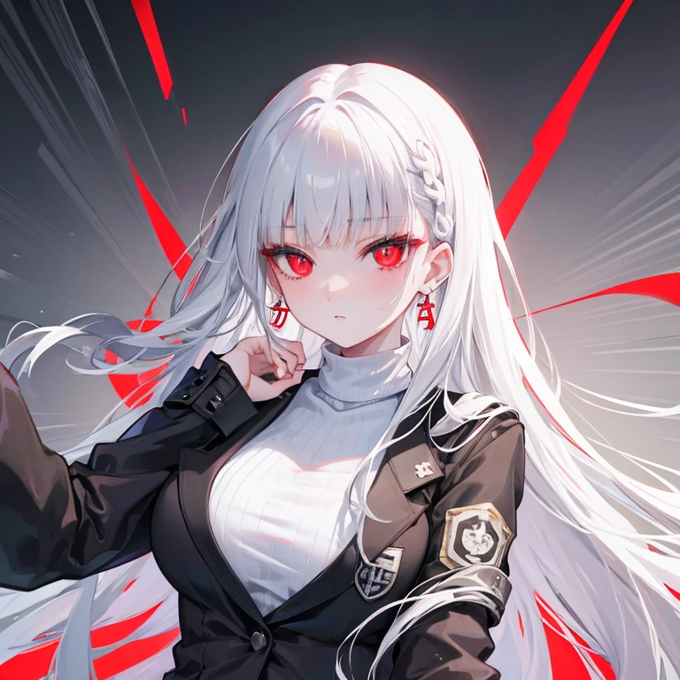 head focus, red eyes, (white hair), sweater, suit,side_braid long wavy hair,lue earrings, forehead shown, no bang hair, black shirt turtle neck, long white jacket