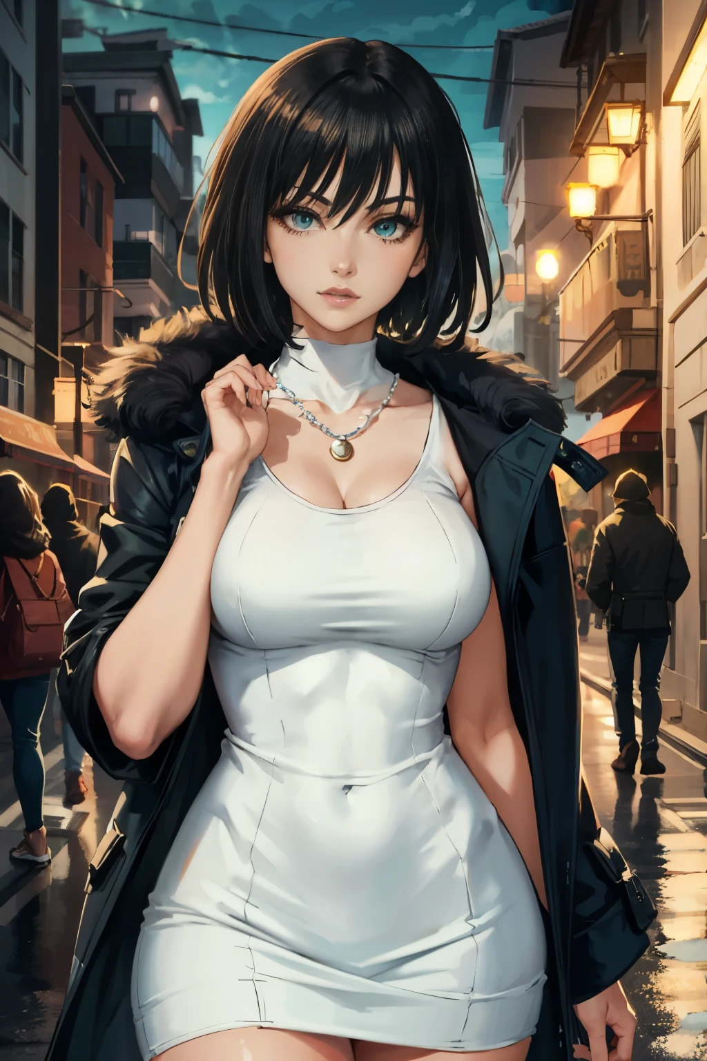 (masterpiece:2.2, best quality:4.0, beautiful, high quality, highres:4.1, aesthetic), detailed, extremely detailed, ambient soft lighting, 4K, perfect eyes, perfect face, perfect lighting, 1girl, bangs, black dress, black hair, breasts, covered navel, dress, fubuki \(one-punch man\), fur coat, green eyes, jewelry, large breasts, lips, looking at viewer, necklace, pearl necklace, short hair,  background, solo, sweater, thighs, turtleneck, turtleneck dress. Fubuki One Punch Man usando um vestido preto e uma faixa em seus olhos