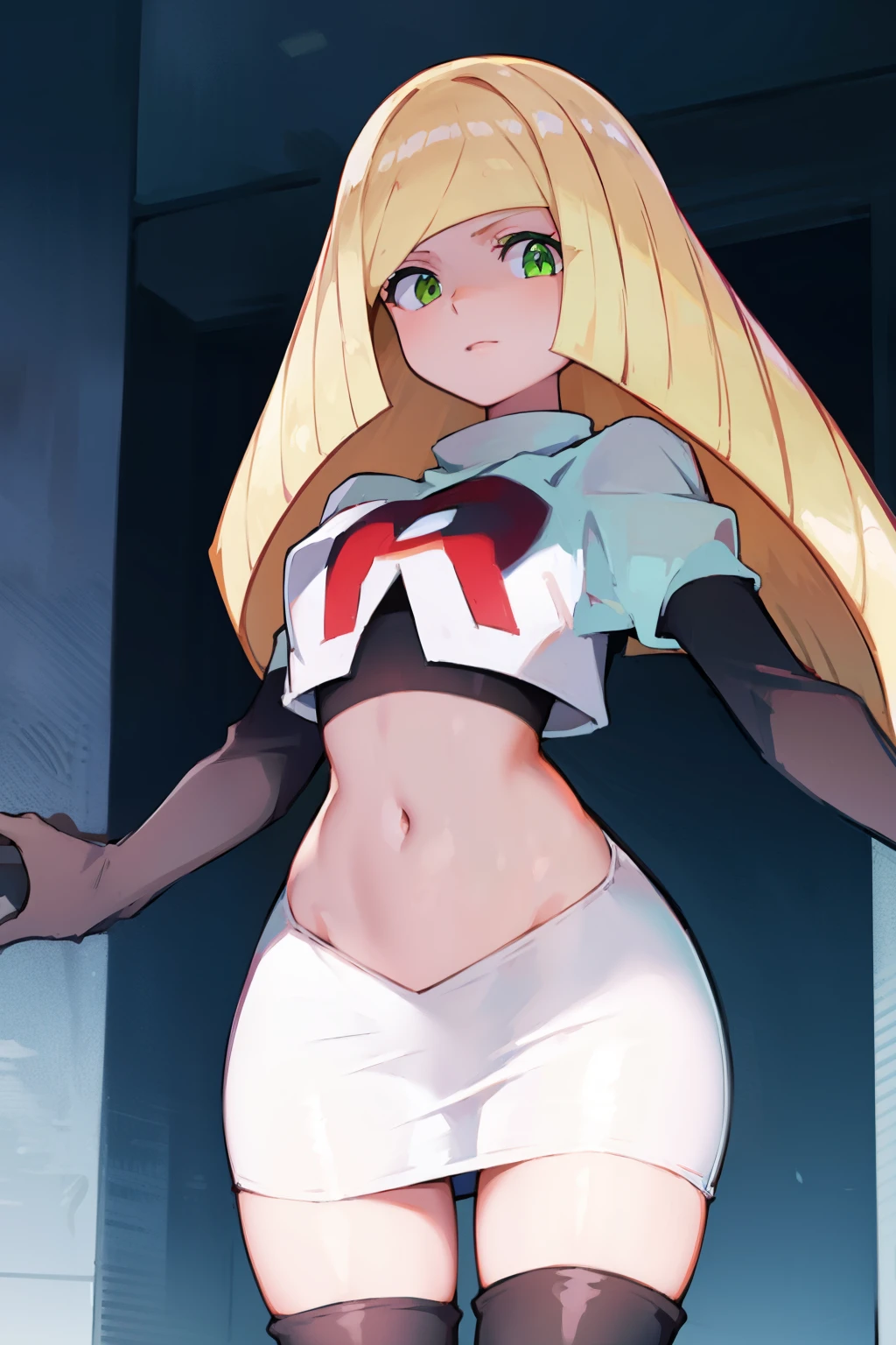 pokemonlusamine,green eyes,blonde hair,team rocket,team rocket uniform,white skirt,crop top,red letter R,black thigh-high boots,black elbow gloves,