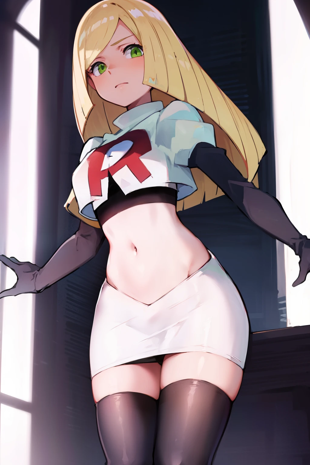 pokemonlusamine,green eyes,blonde hair,team rocket,team rocket uniform,white skirt,crop top,red letter R,black thigh-high boots,black elbow gloves,