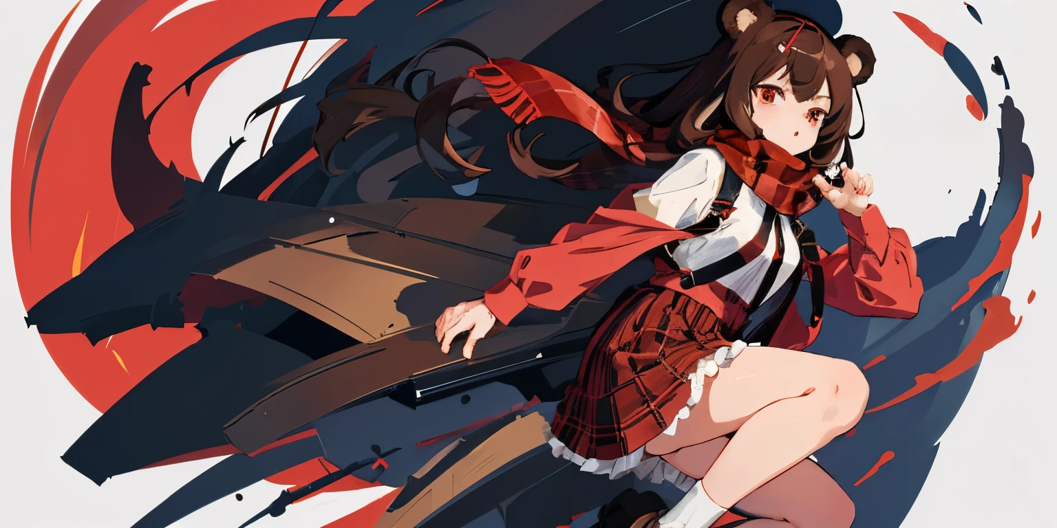 Anime girl with bear ears and brown hair, red tartan scarf, black dress with straps with a white long sleeve shirt underneath. Character design, full body