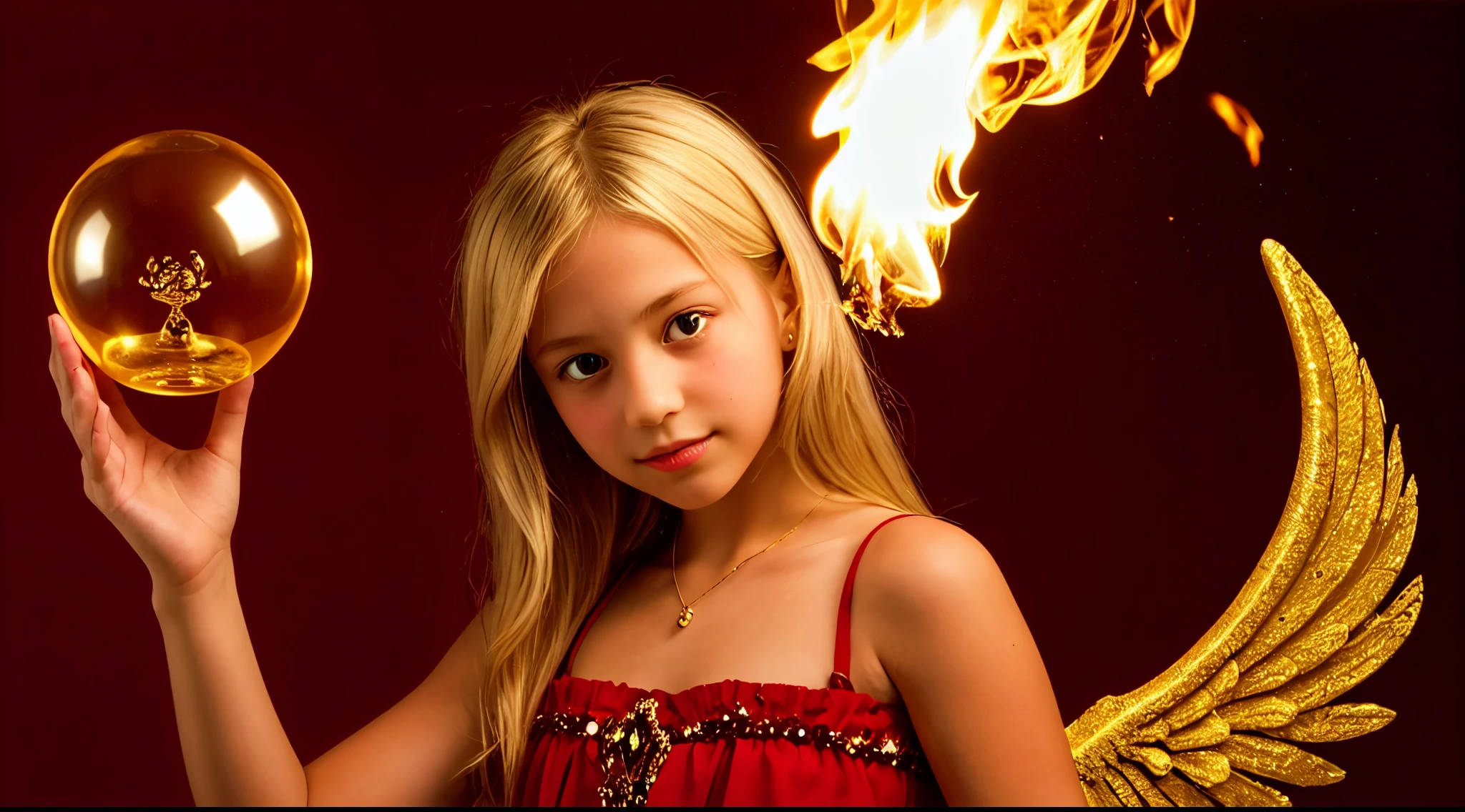 BLONDE KIDS GOLDEN ANGEL GIRL with a flaming crystal ball in her hand. Red background