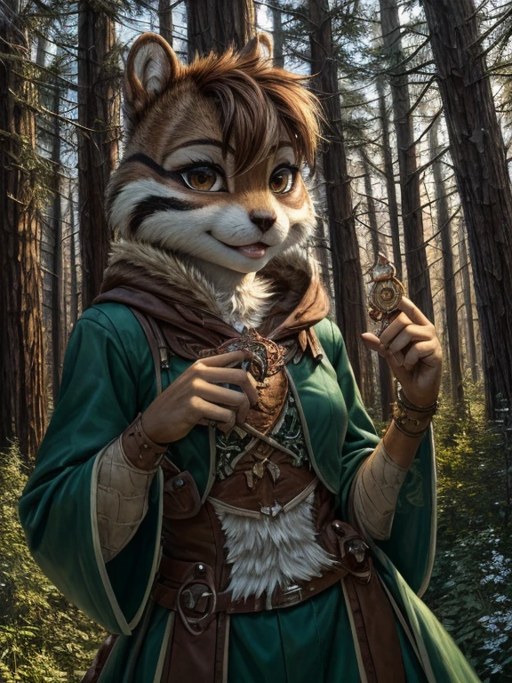 (masterpiece, best quality:1.3), androgynous Chipmunk, face focus, thin body, oversized forest, green adventurer clothes, Holding a spell, hide hands