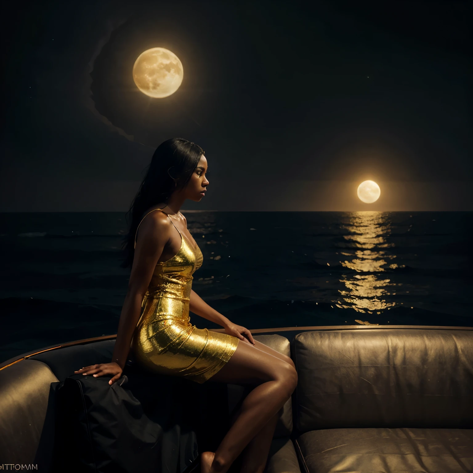 Side view shot of A full body shot black woman dressed in a silk golden crystal dress, sitting on a couch floating at sea, large golden moon in the background parallel to her position, soft golden moon shining a gold and black light in the scene, a moody atmosphere light with fog in the scene, cinematic lighting, 32k, ultra HD, unreal engine rendered, hyper-realistic image, artgerm style