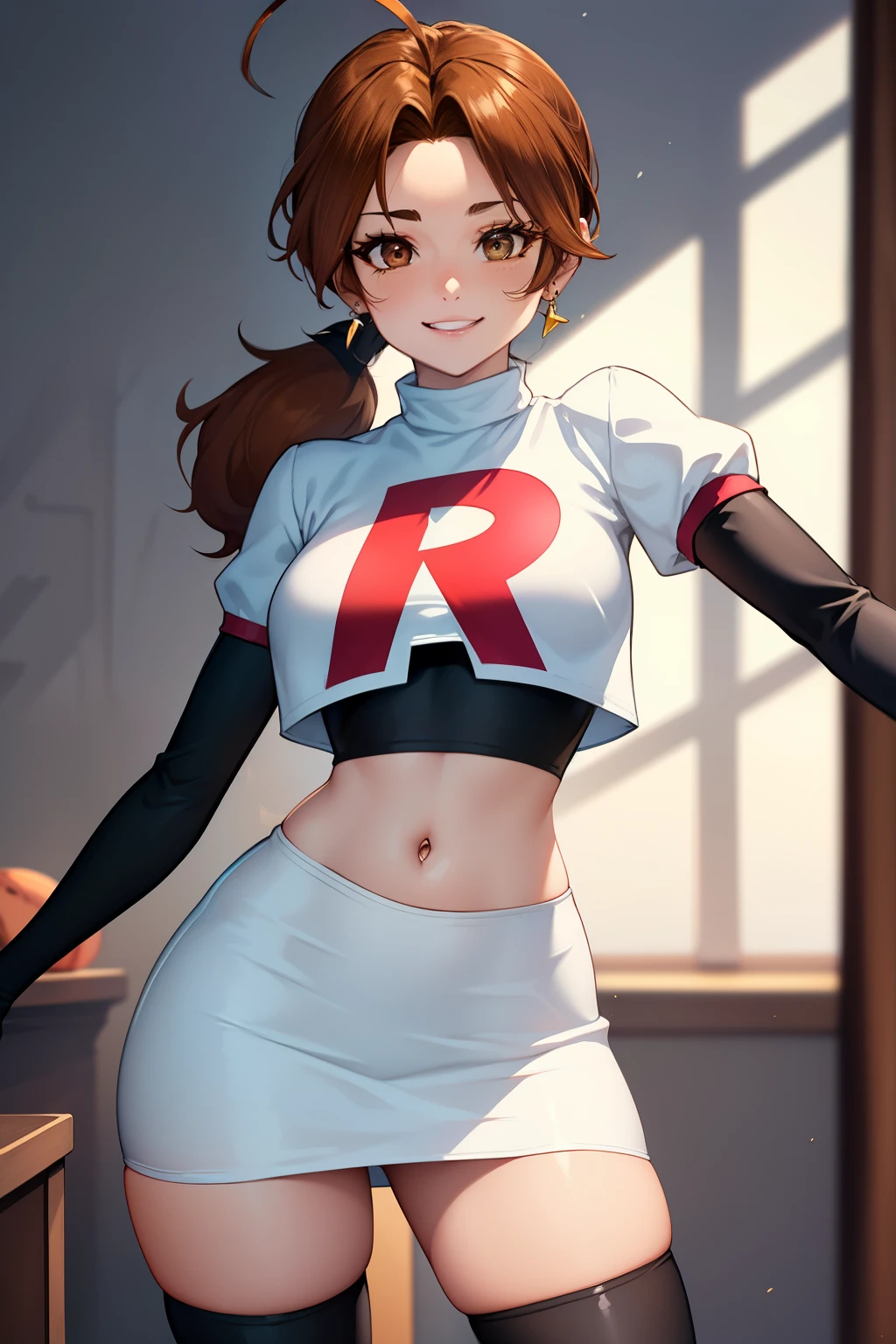 deliaketchum, brown hair, (brown eyes:1.7), parted bangs, (ahoge:1.5), ponytail, low ponytail,glossy lips, light makeup, eye shadow, earrings ,team rocket,team rocket uniform, red letter R, white skirt,white crop top,black thigh-high boots, black elbow gloves, evil smile look,