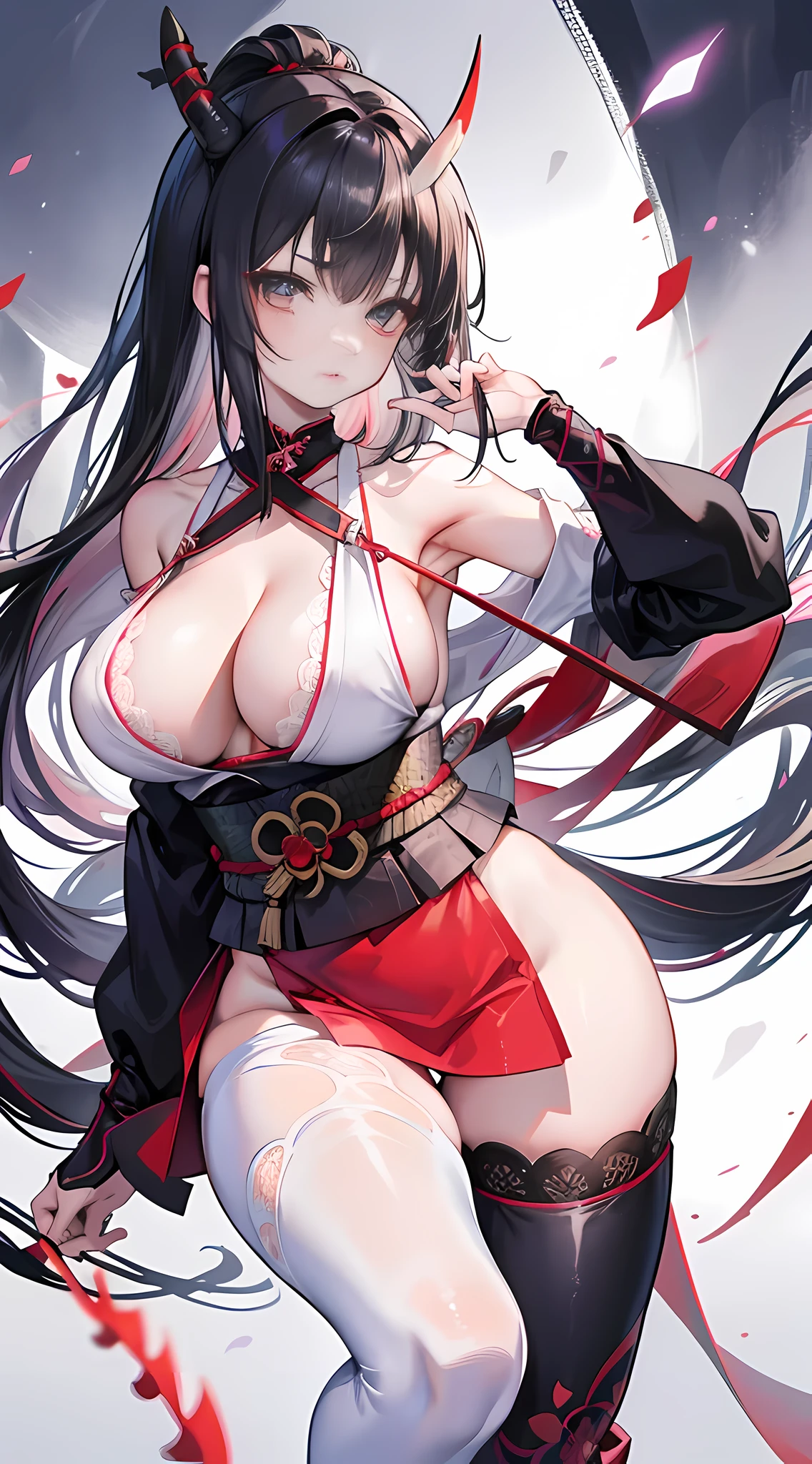 ，Female ninja，A beautyful girl，Japan Ninja，pyjamaelow are white leggings，katana swords，Side breasts，According to the following，腋According to the following毛，princess cut，Yamato Fukuko，Common，Absolute realm，Expose the side waist，oni horn，，Lace，Colossal tits，LOP