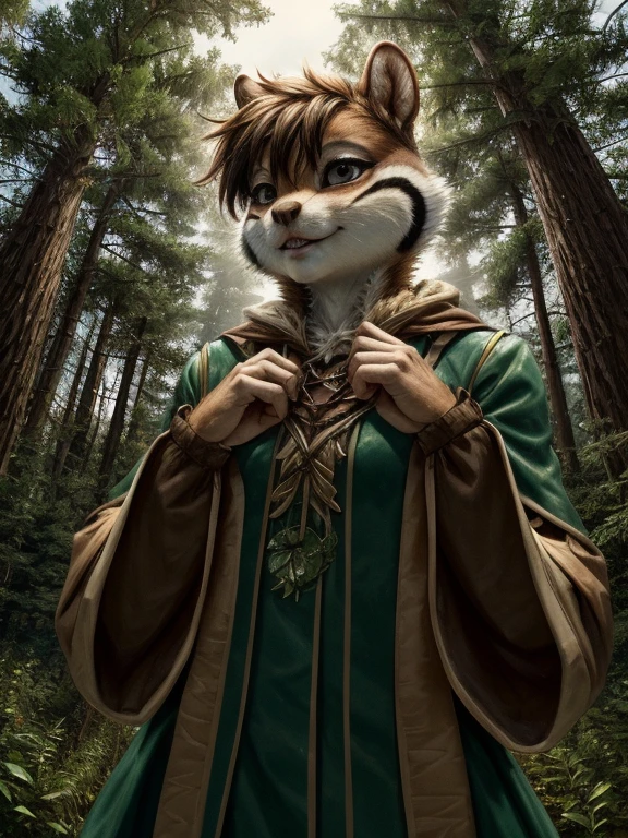 (masterpiece, best quality:1.3), androgynous Chipmunk, face focus, thin body, oversized forest, green adventurer clothes, following a spell, (hide hands)