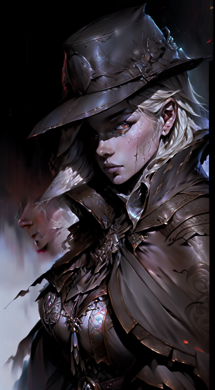 Man in black hat and leather jacket holding a flag, portrait of a bloodborne hunter, badass anime 8 k, Alucard, Tiroteio, arte de fantasia urbana estilizada, assassino cyberpunk, Retrato de um vigilante, fantasia urbana centralizada, como personagem em tekken, Dante do Diabo Pode Chorar, Guilherme H. Pongiluppi