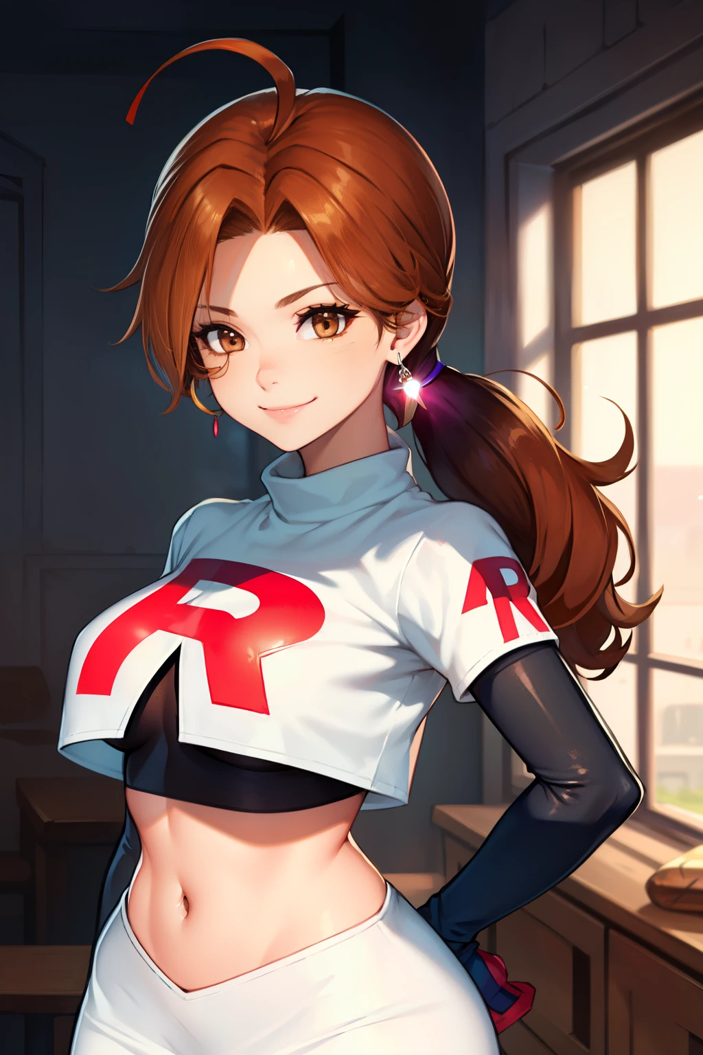 deliaketchum, brown hair, (brown eyes:1.7), parted bangs, (ahoge:1.5), ponytail, low ponytail,glossy lips, light makeup, eye shadow, earrings ,team rocket,team rocket uniform, red letter R, white skirt,white crop top,black thigh-high boots, black elbow gloves, evil smile look,