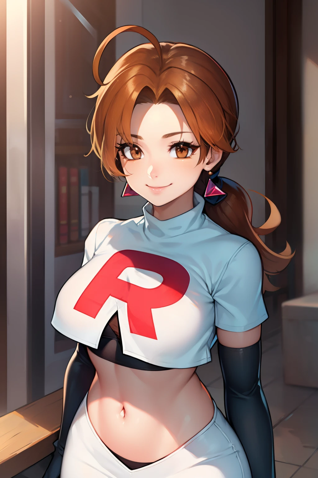 deliaketchum, brown hair, (brown eyes:1.7), parted bangs, (ahoge:1.5), ponytail, low ponytail,glossy lips, light makeup, eye shadow, earrings ,team rocket,team rocket uniform, red letter R, white skirt,white crop top,black thigh-high boots, black elbow gloves, evil smile look,