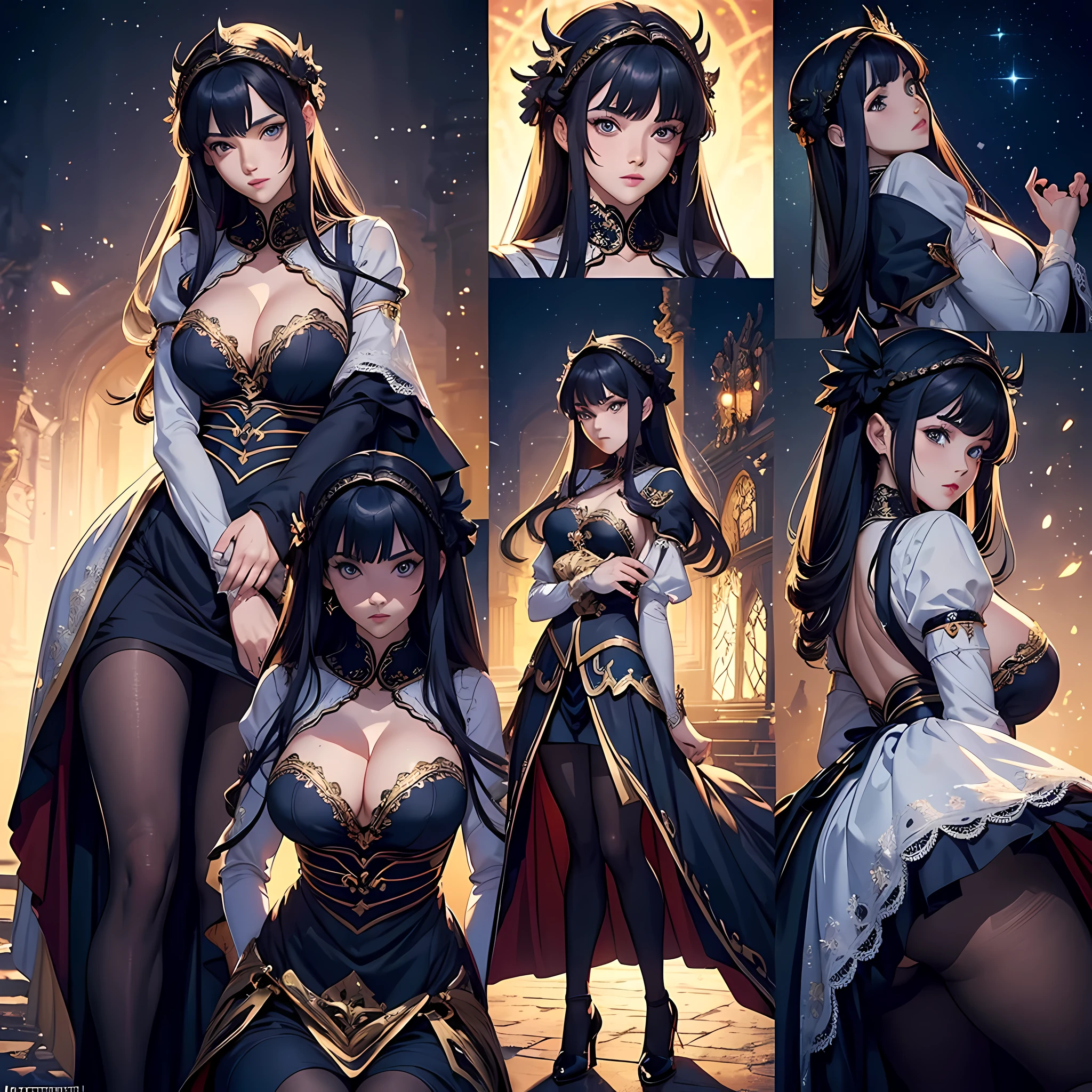 ((tmasterpiece, Best quality at best)), 详细的脸, character design sheet, Full body lesbian, be full of details, multiple postures and expressions, The is very detailed, Depth-of-fie, many beautiful priest girlantasy style,Extremely beautiful,high balance, natural soft light, Lace,Lace软管,starrysky,Star decoration