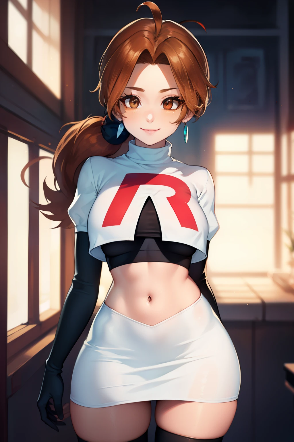 deliaketchum, brown hair, (brown eyes:1.7), parted bangs, (ahoge:1.5), ponytail, low ponytail,glossy lips, light makeup, eye shadow, earrings ,team rocket,team rocket uniform, red letter R, white skirt,white crop top,black thigh-high boots, black elbow gloves, evil smile look,