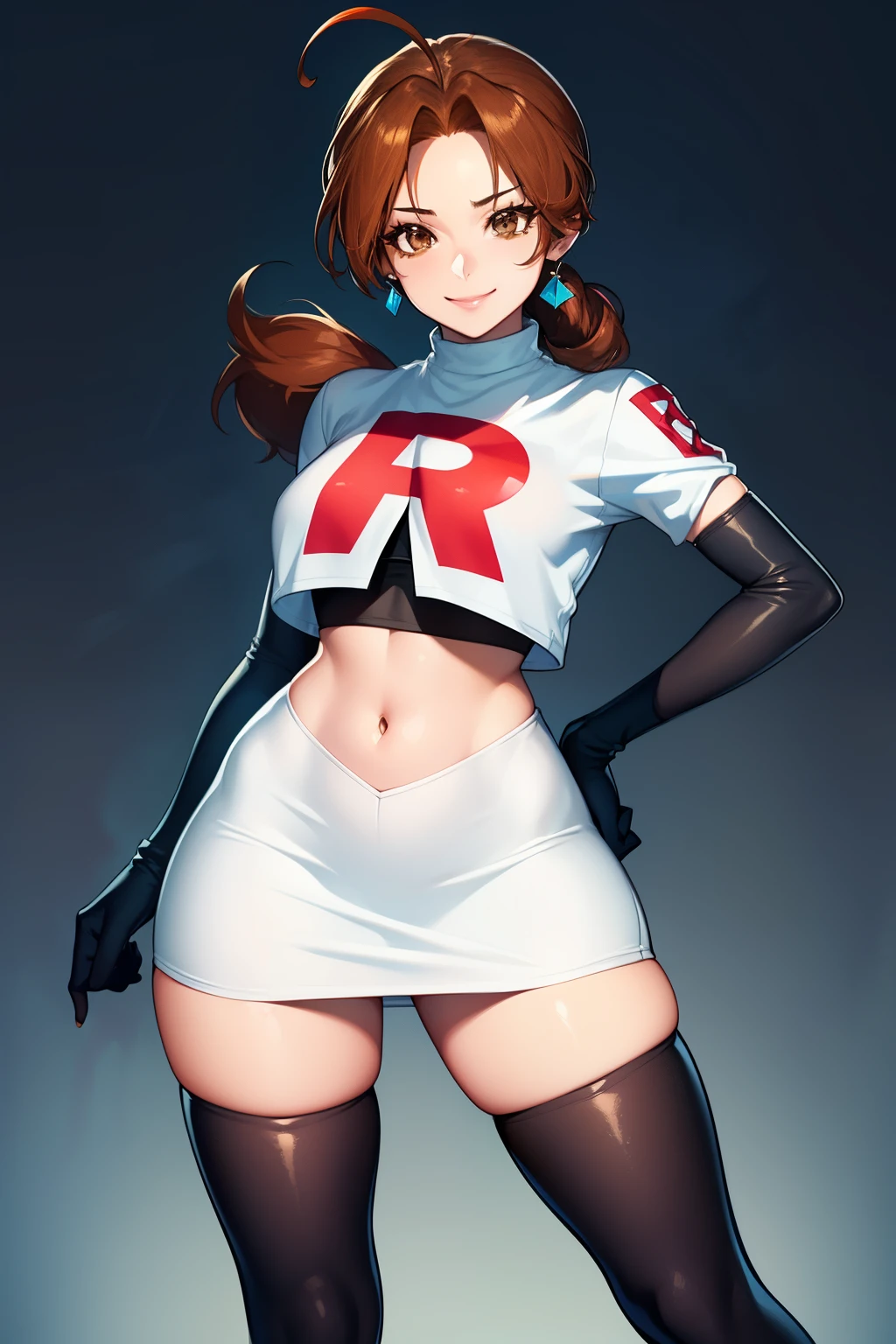 deliaketchum, brown hair, (brown eyes:1.7), parted bangs, (ahoge:1.5), ponytail, low ponytail,glossy lips, light makeup, eye shadow, earrings ,team rocket,team rocket uniform, red letter R, white skirt,white crop top,black thigh-high boots, black elbow gloves, evil smile look,